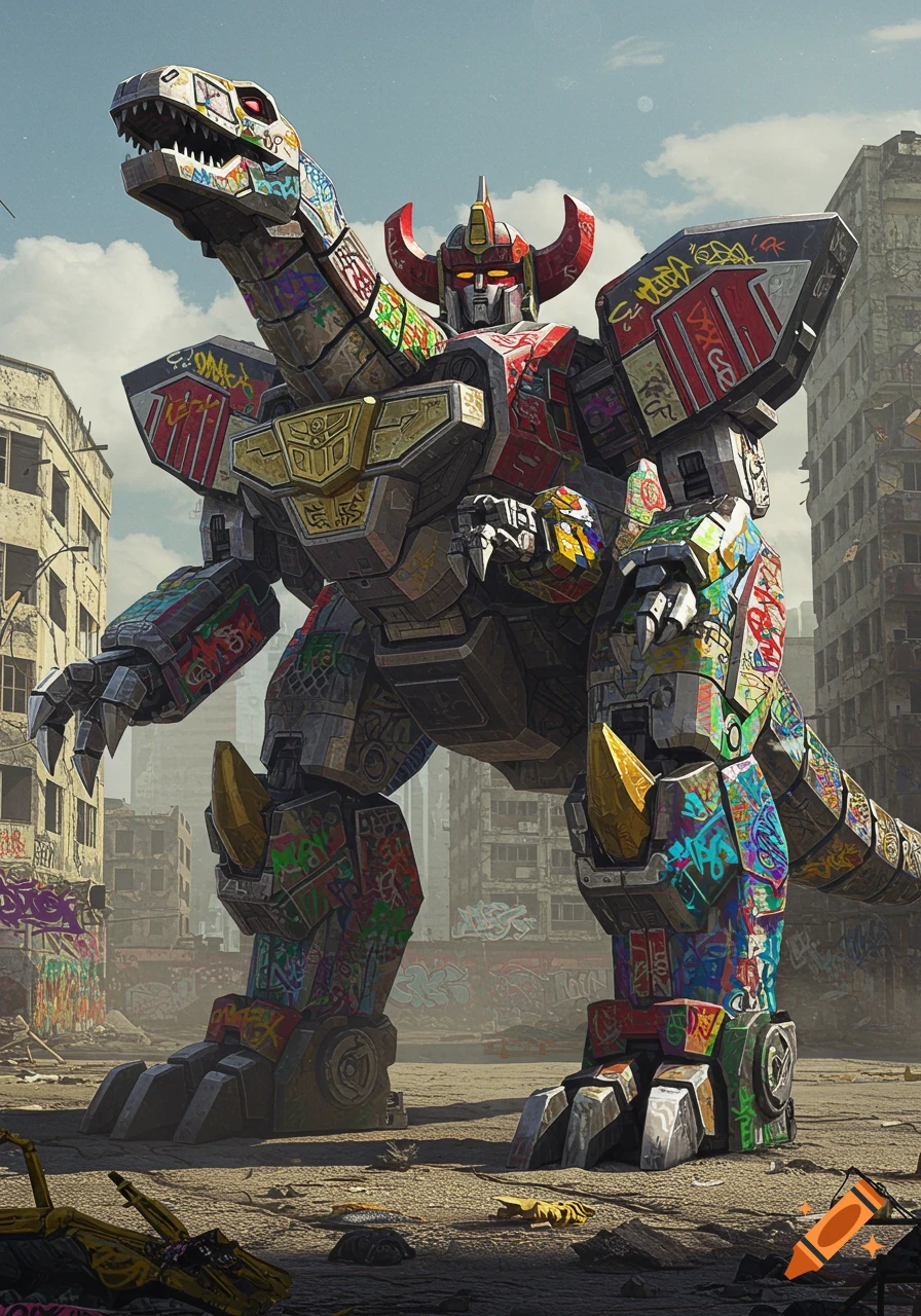 Large graffiti-covered dinosaur-like mech stands in a ruined city.