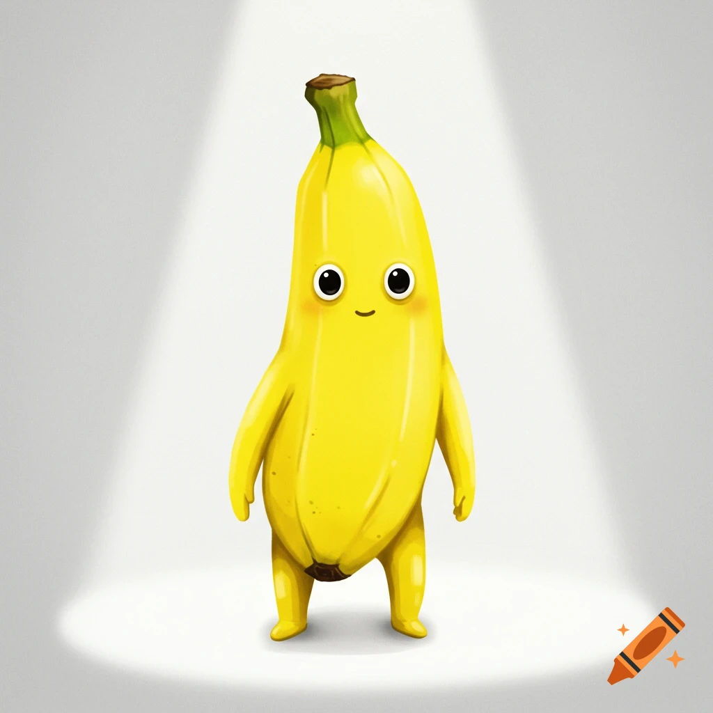 Cartoon banana character with big eyes and a smile, standing in a spotlight.