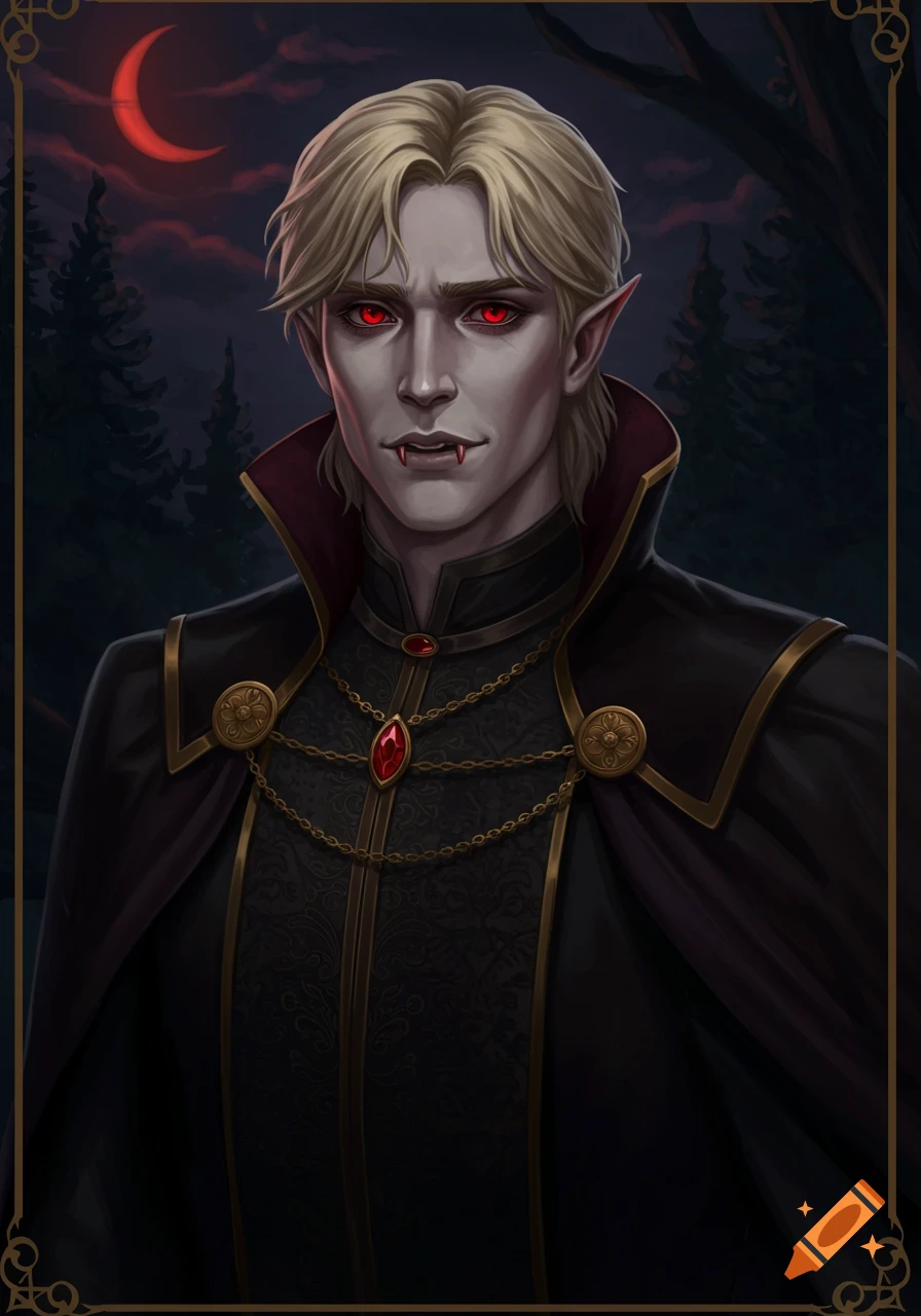 Digital painting of a blonde vampire with red eyes and fangs wearing a cape.
