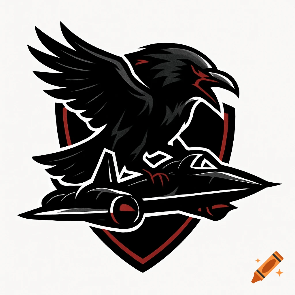 Stylized logo of a black raven perched on a black jet with a shield outline.