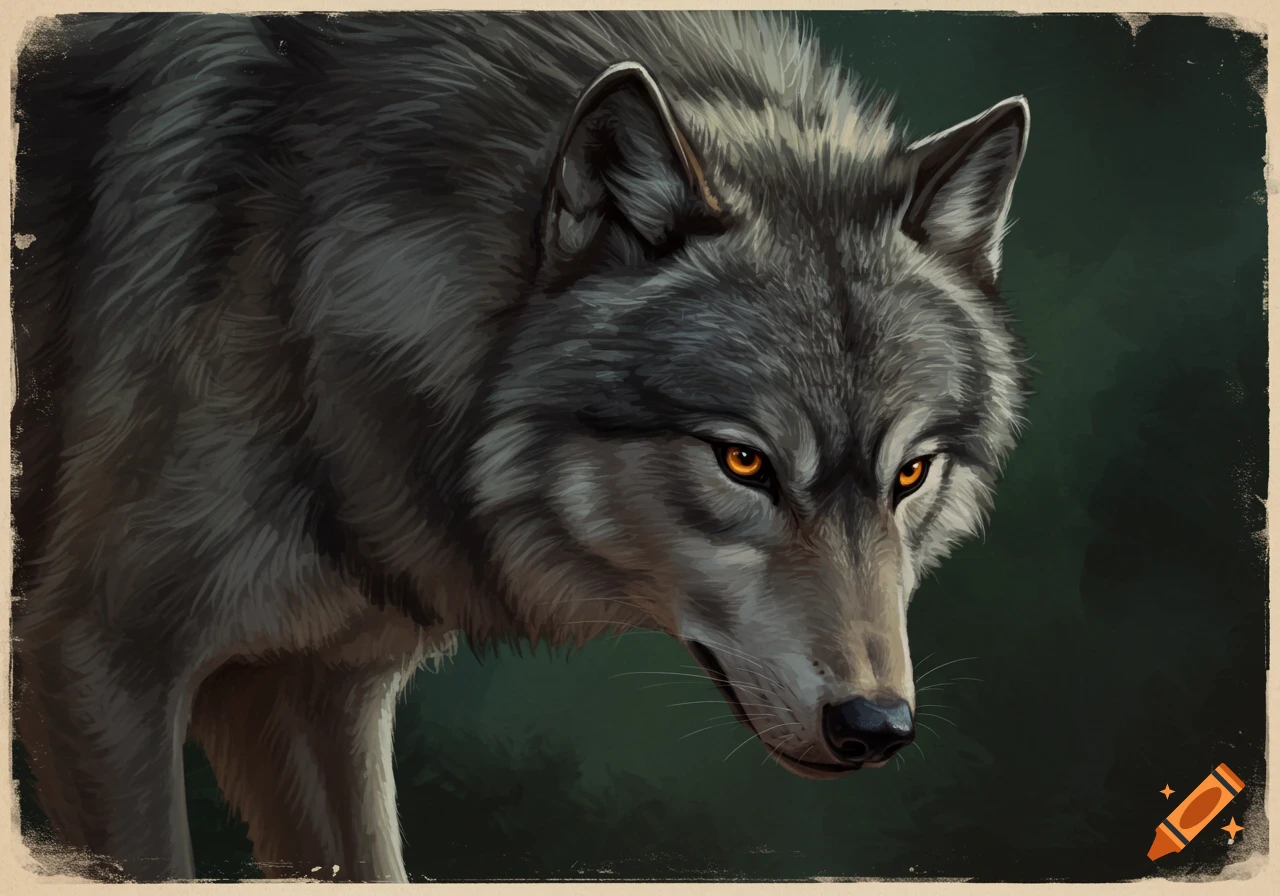 Close-up painted portrait of a grey wolf with orange eyes