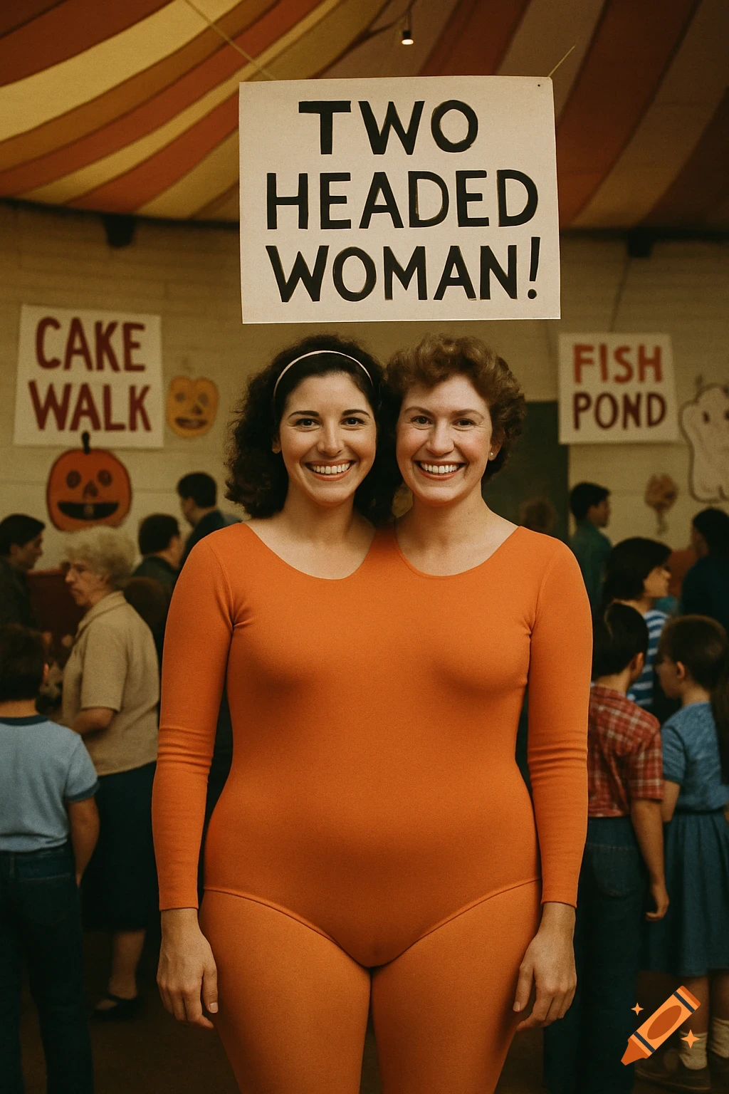Vintage photo of a smiling two-headed woman in an orange leotard under a sign at a carnival.
