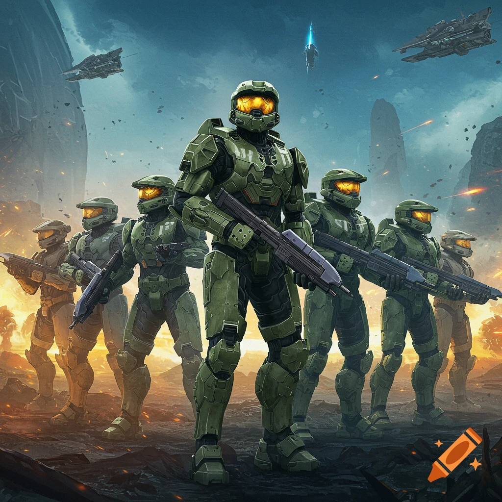 Master Chief and other soldiers in green armor stand ready in a sci-fi battle landscape with spacecraft.