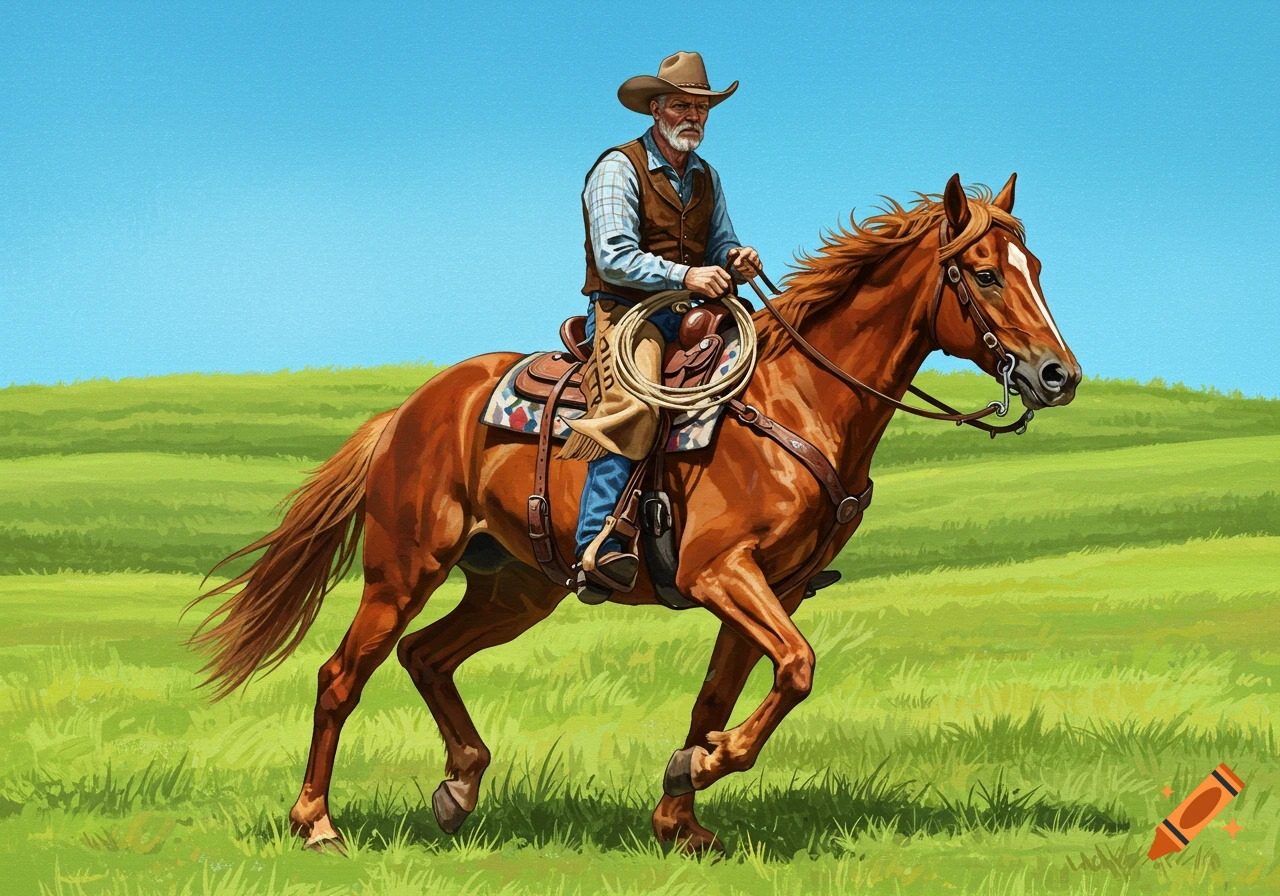 Illustration of a cowboy riding a horse in a green field.