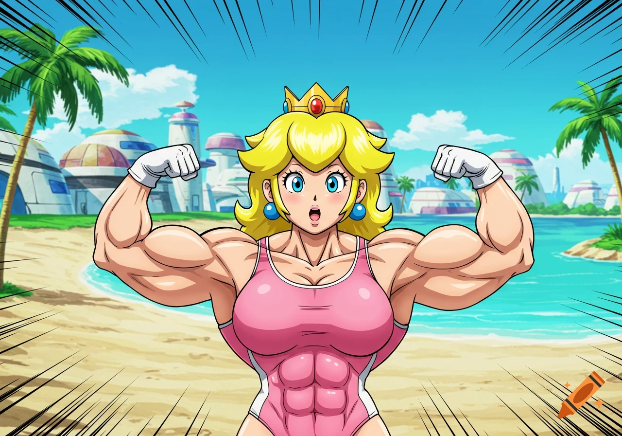 Muscular Princess Peach flexing on a beach in anime style