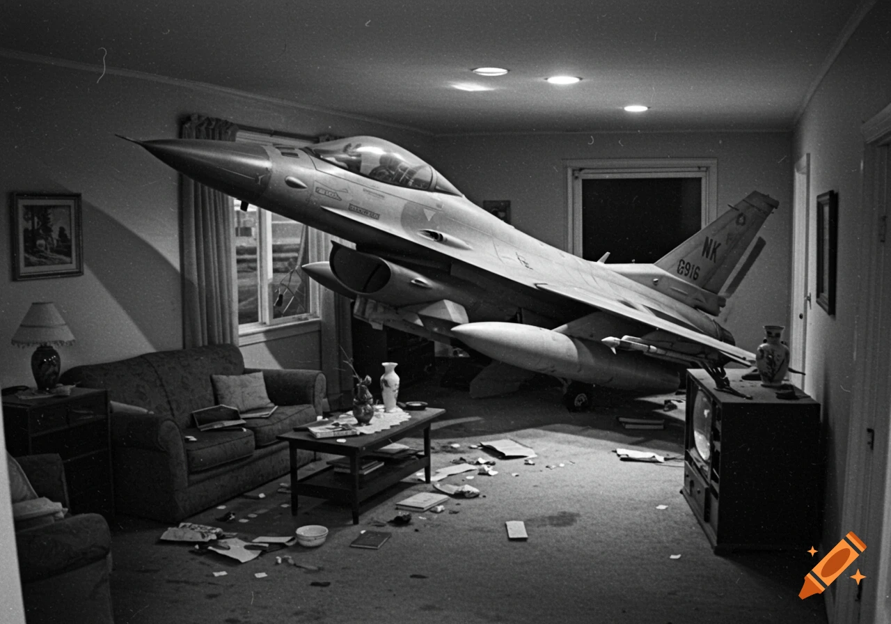 Grainy black and white photo of a fighter jet crashed into a messy living room.