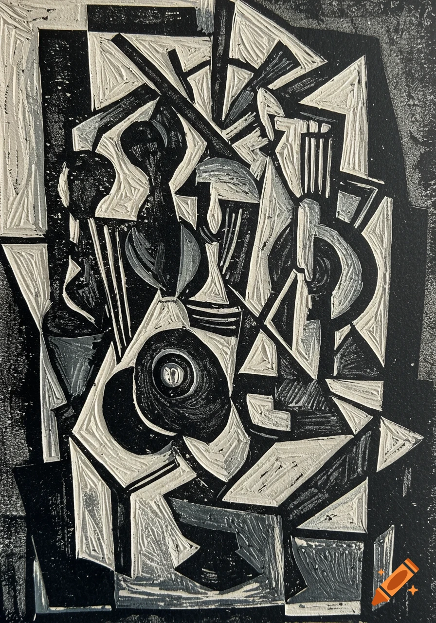 Black and white abstract linocut print in Cubist style.
