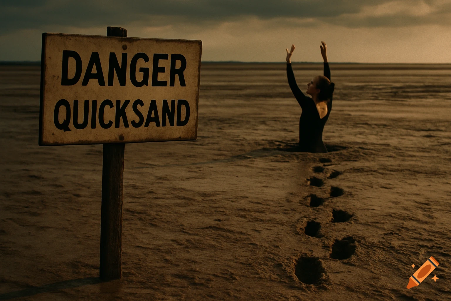 A person is stuck up to their waist in quicksand next to a sign reading "DANGER QUICKSAND" on a muddy beach at dusk.