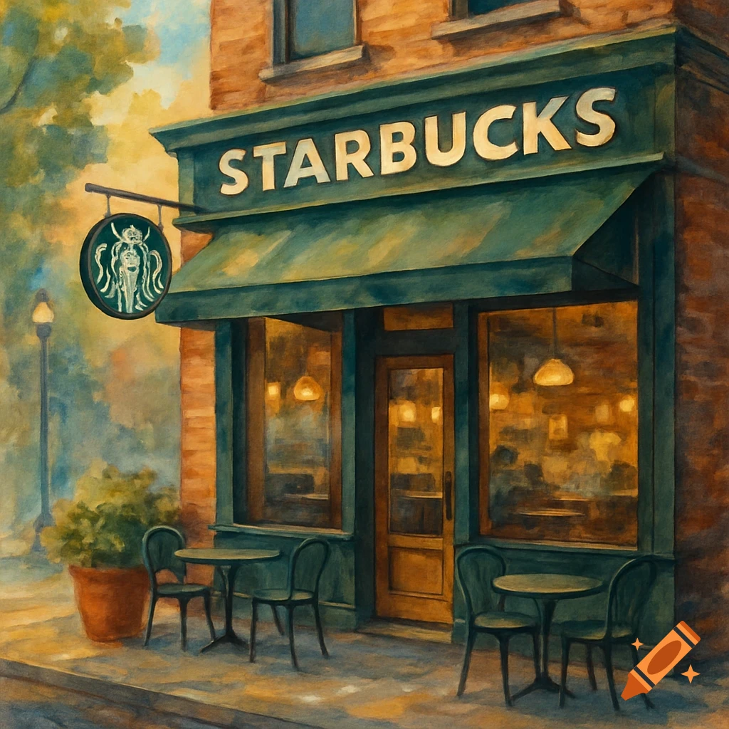 A painterly image of a Starbucks store facade with outdoor seating.