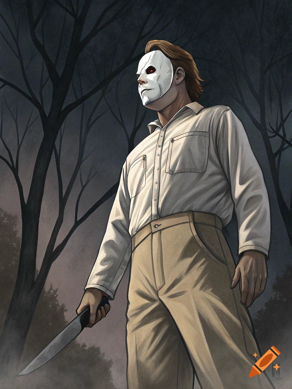 Illustration of Michael Myers holding a knife in a dark forest