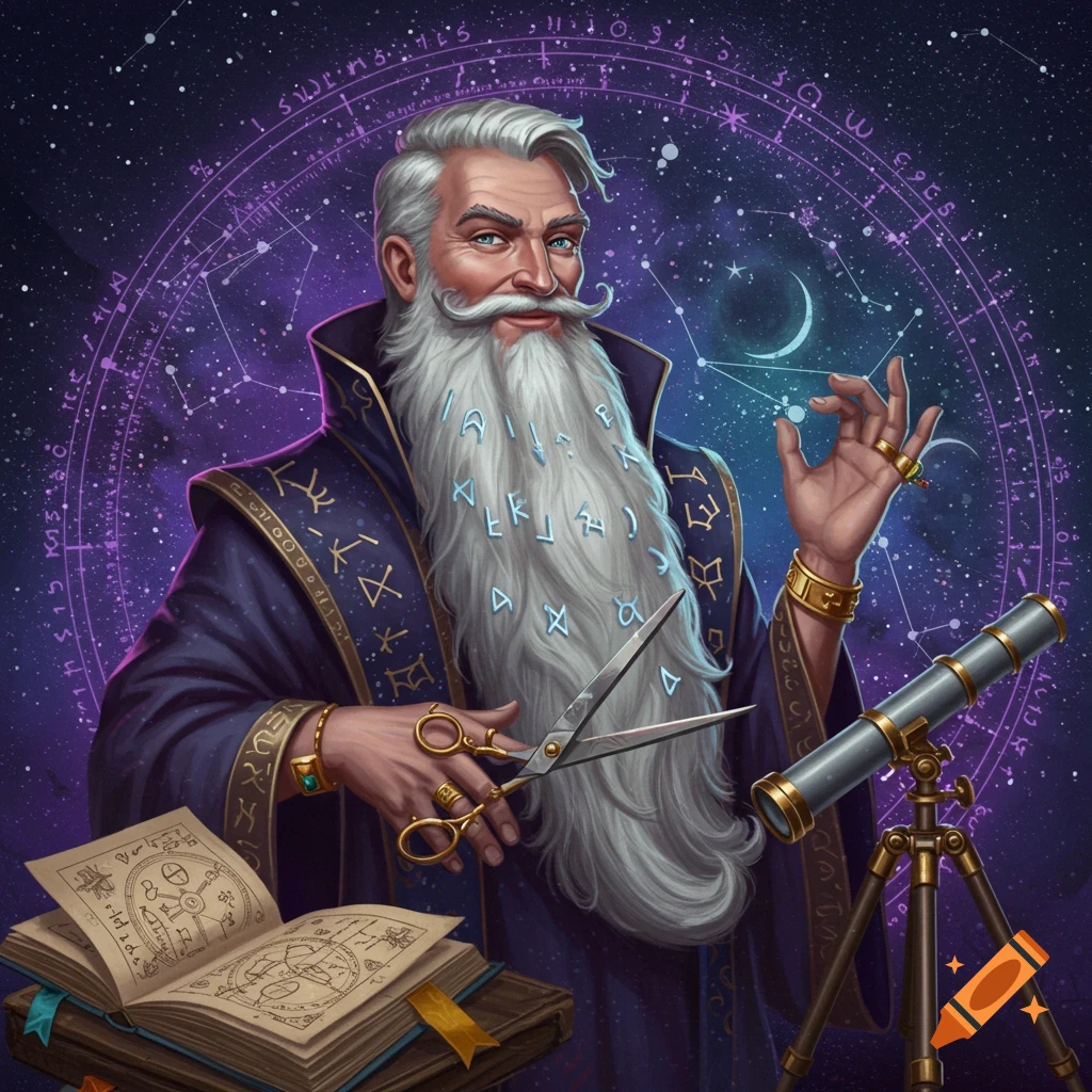 A fantasy illustration of a wizard with a long white beard, holding scissors, surrounded by astrological symbols and a telescope.