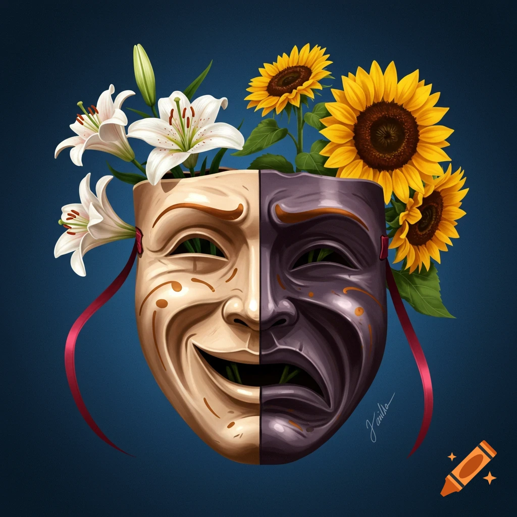 A split theatrical mask, smiling on one side with lilies, frowning on the other with sunflowers.