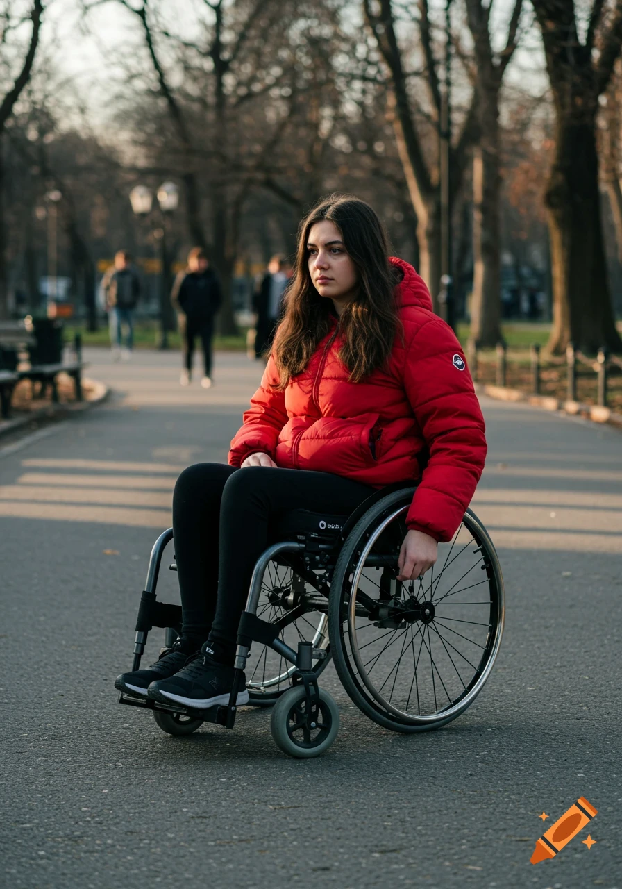 Young woman in a red puffer jacket sits in a wheelchair on a paved path in a park.