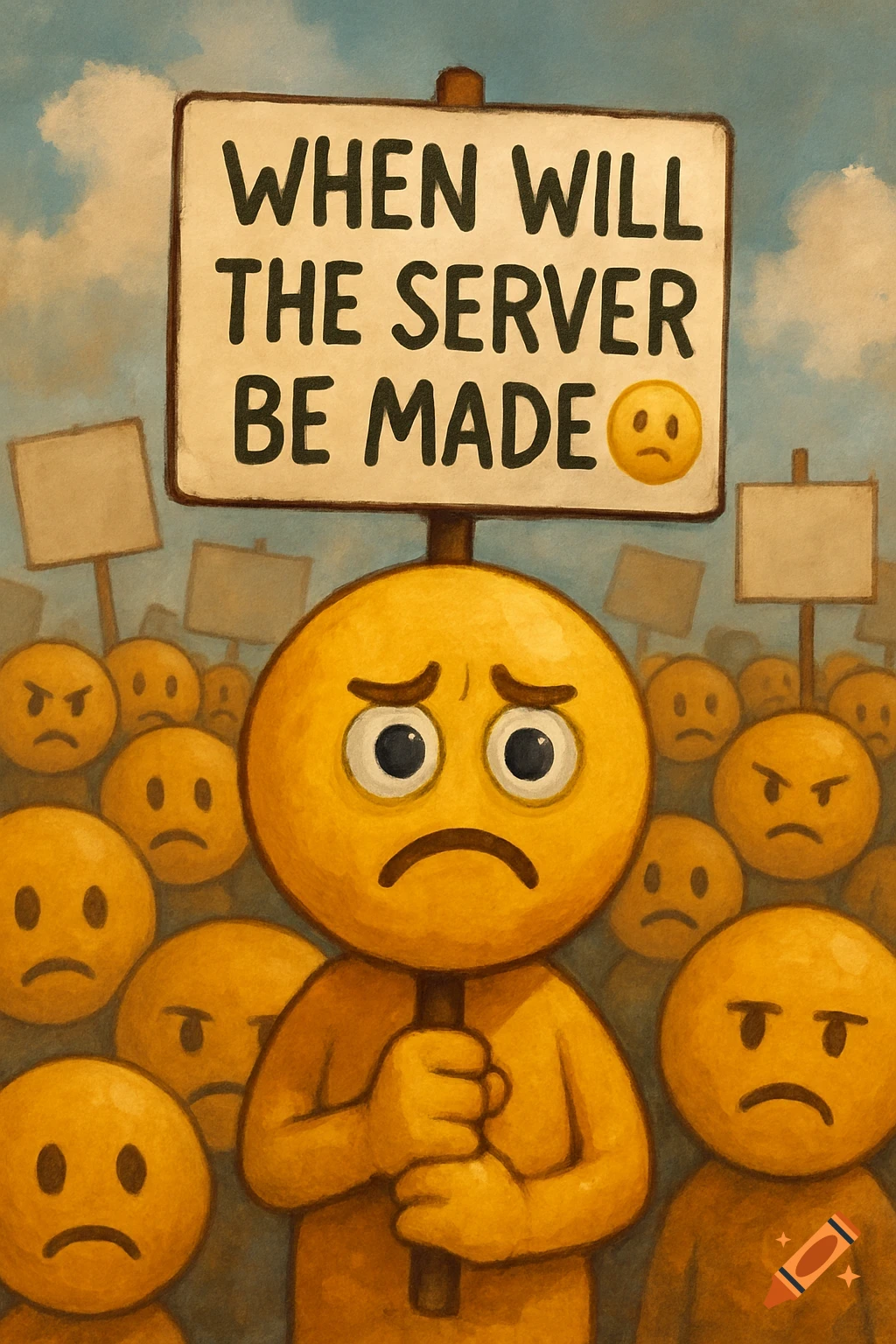A crowd of sad and angry emojis. The main emoji holds a sign that reads "WHEN WILL THE SERVER BE MADE 🤔". Painterly style.