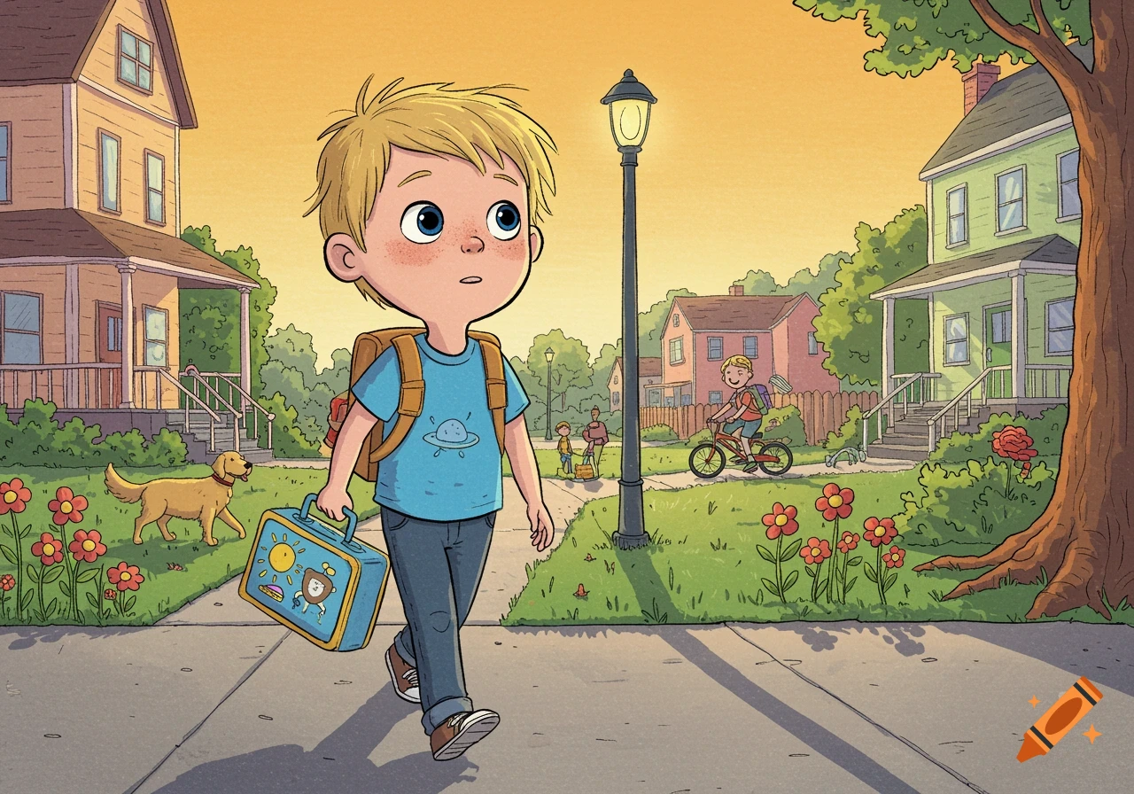 A cheerful boy with a lunchbox and backpack walks down a sidewalk in a sunny neighborhood. Children's book illustration.