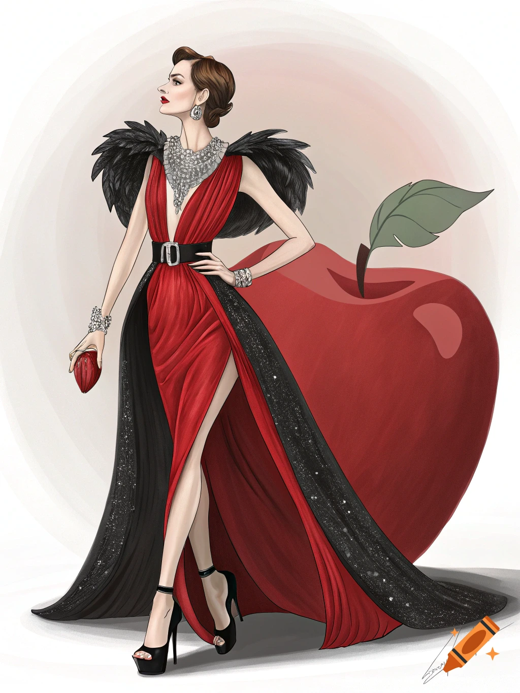 Elegant fashion illustration of a woman in a dramatic red and black dress with feathers, silver accessories, and a large apple.