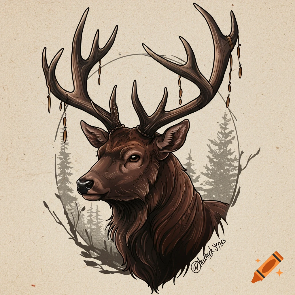 Detailed illustration of a deer head with decorative beads on antlers, against a forest background.