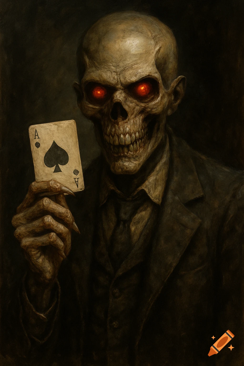 A skeletal ghoul in a suit holds the ace of spades.