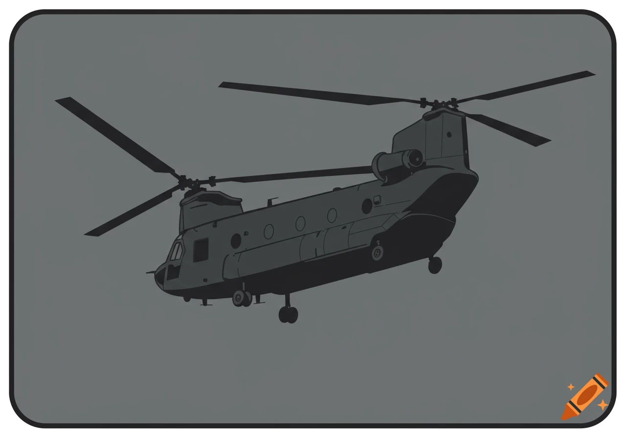 Stylized monochrome drawing of a Chinook helicopter flying