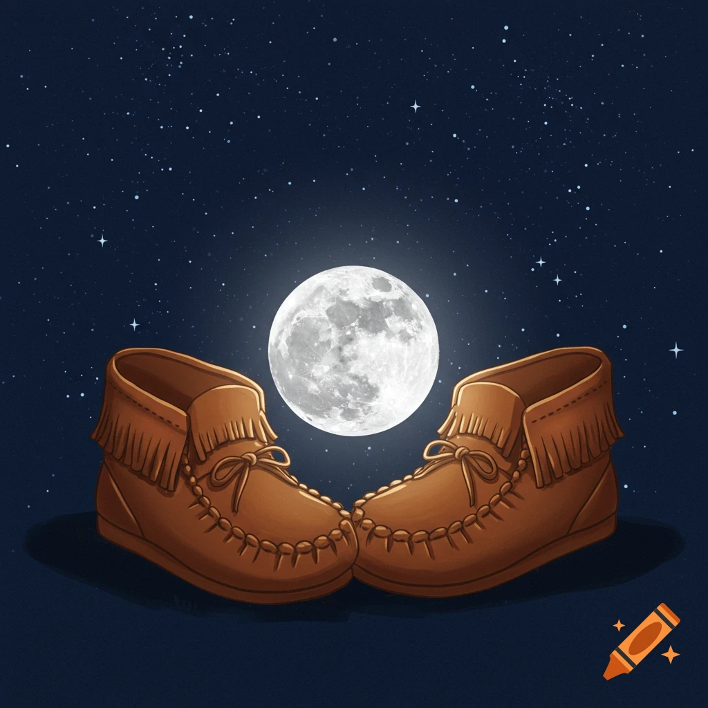 Illustration of two brown moccasin shoes facing each other with a full moon between them, under a starry night sky.