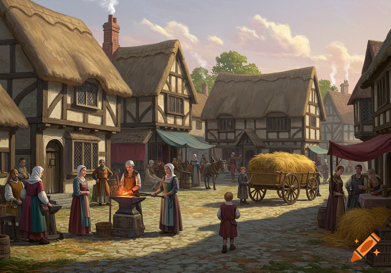 A bustling medieval village street scene with people, thatched-roof buildings, and a hay cart.