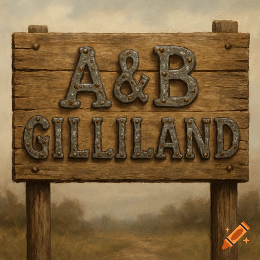 Rustic wooden sign with metal letters reading A&B Gilliland
