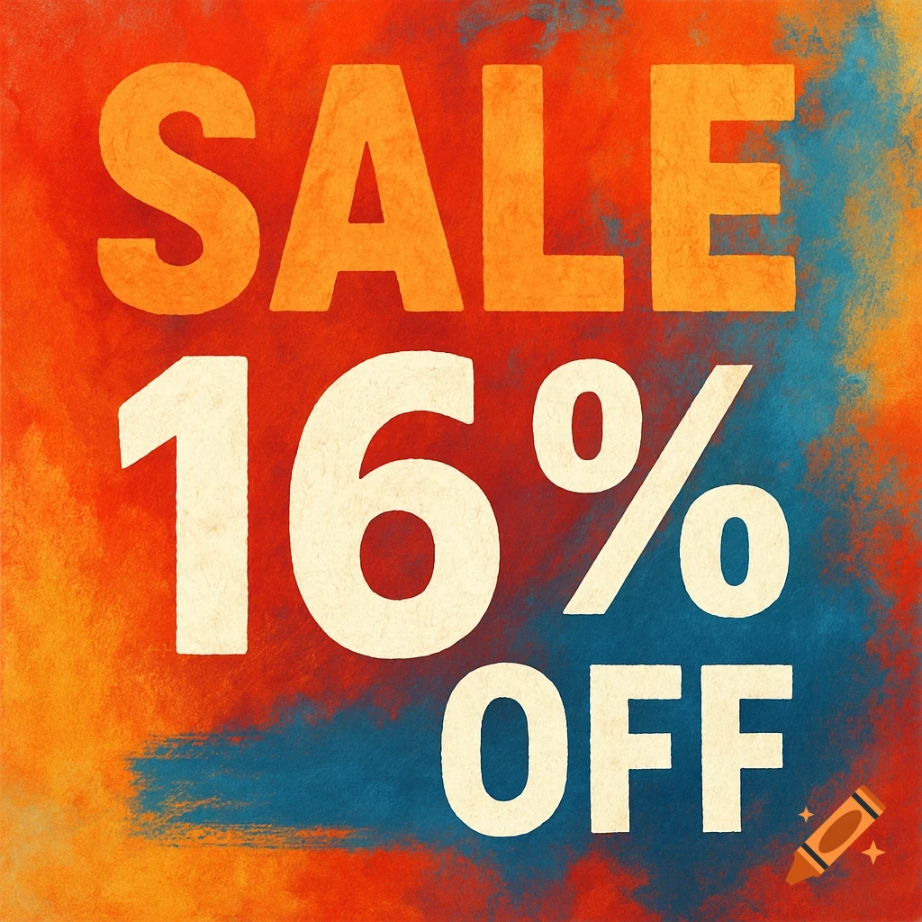 Sale banner with large text "SALE 16% OFF" on a textured orange, red, and blue background.