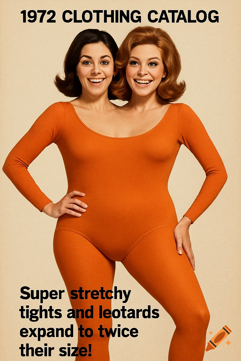 Vintage style 1972 clothing catalog cover with two women merged into one body wearing orange leotard and tights.
