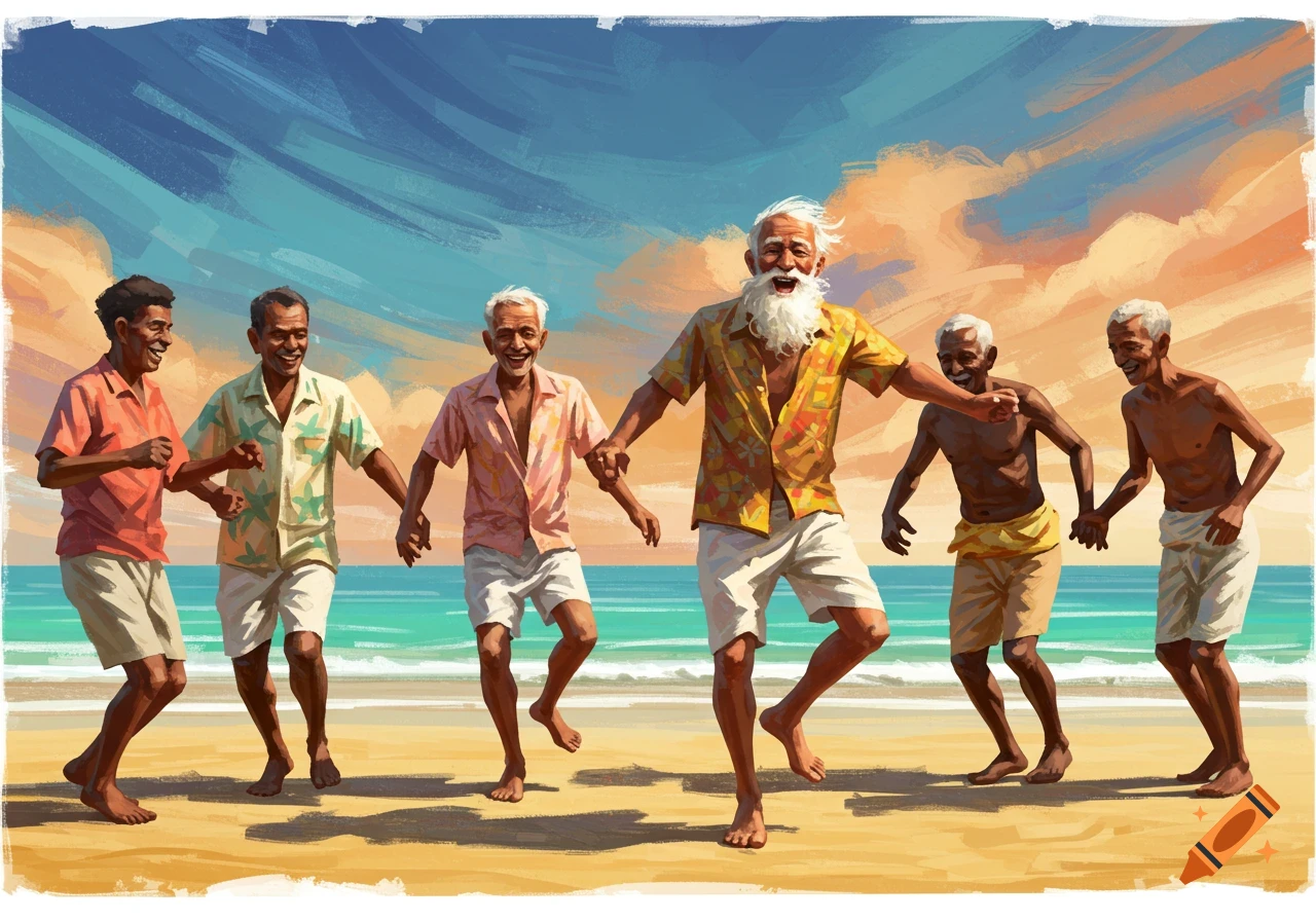 Painterly illustration of elderly men dancing and holding hands on a sunny beach.