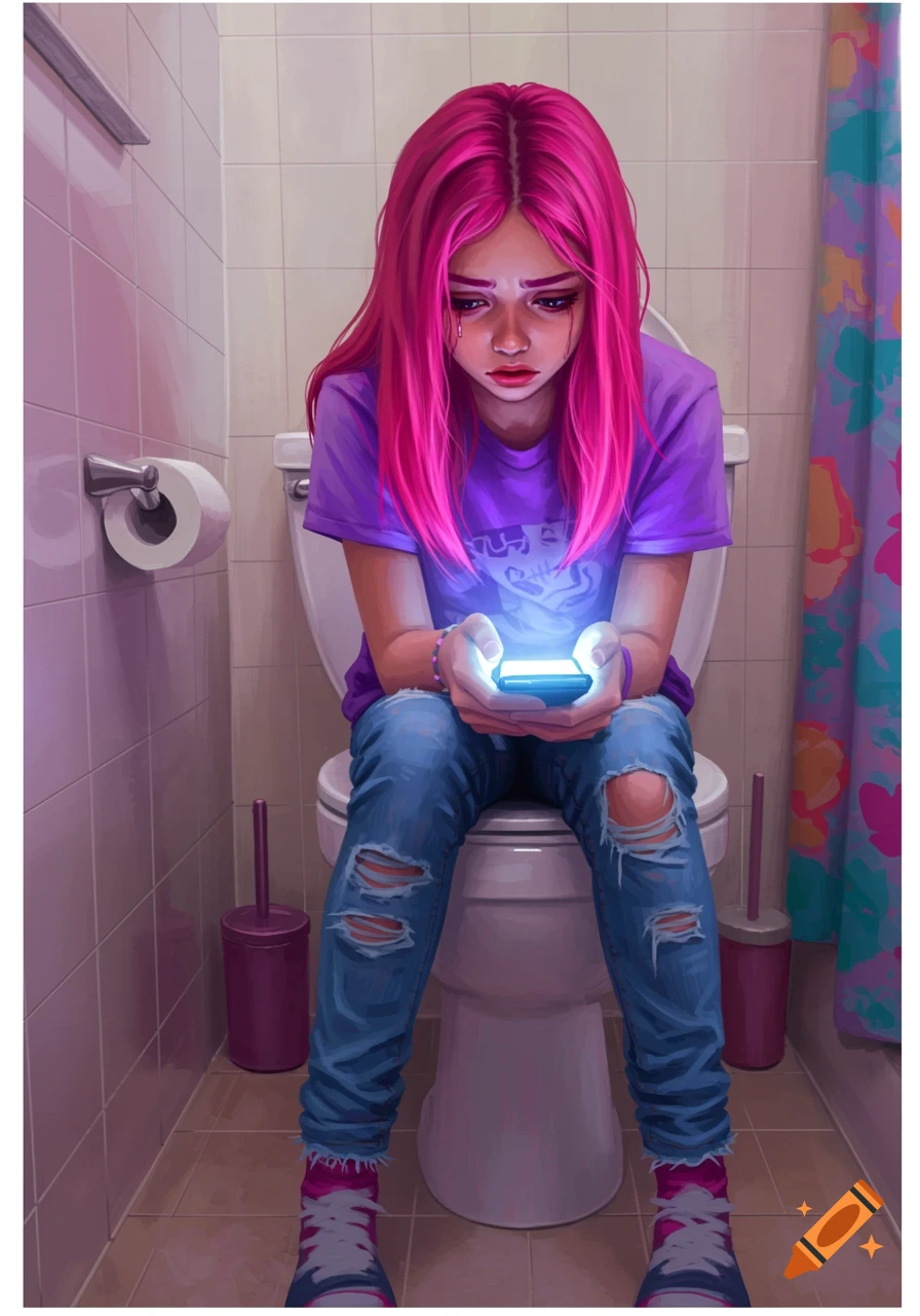 Illustration of a teenage girl with pink hair sitting on a toilet looking at her phone.