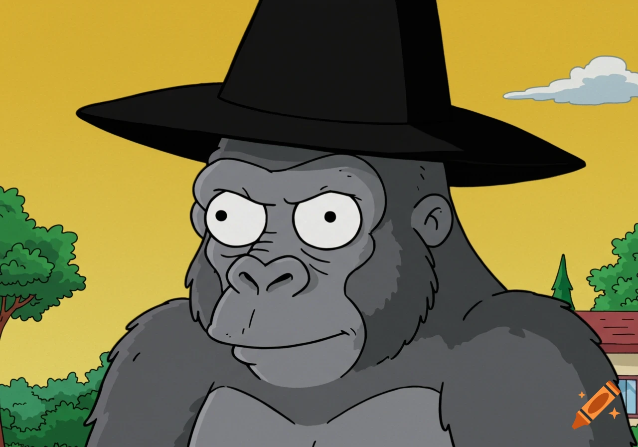 A grey gorilla wearing a black witch hat in a cartoon style