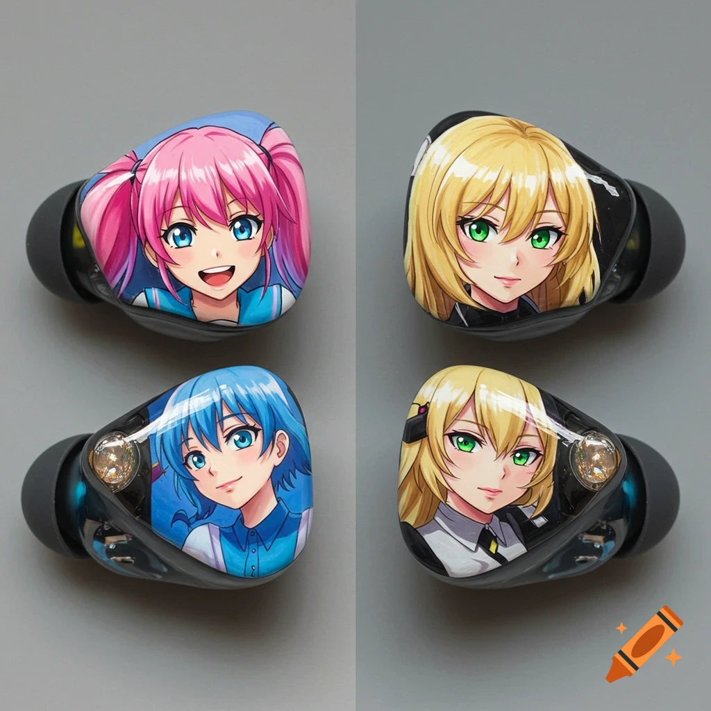 Four anime character portraits on custom in-ear monitors.