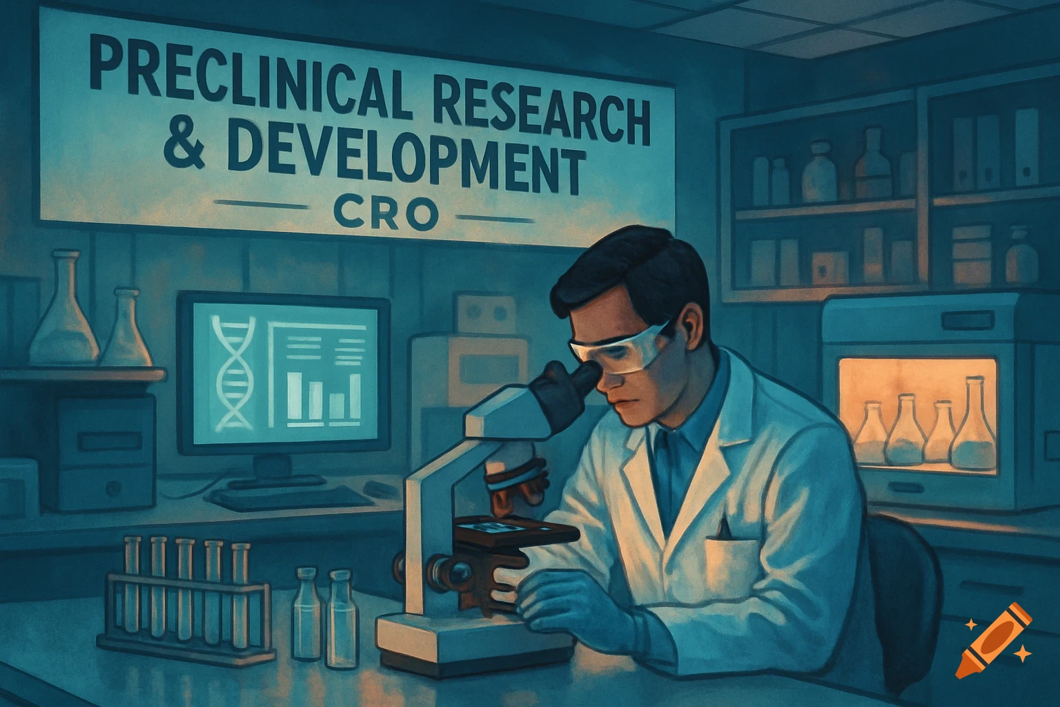 A scientist works at a microscope in a lab under a sign that reads "PRECLINICAL RESEARCH & DEVELOPMENT CRO". The style looks like a painting or illustration.