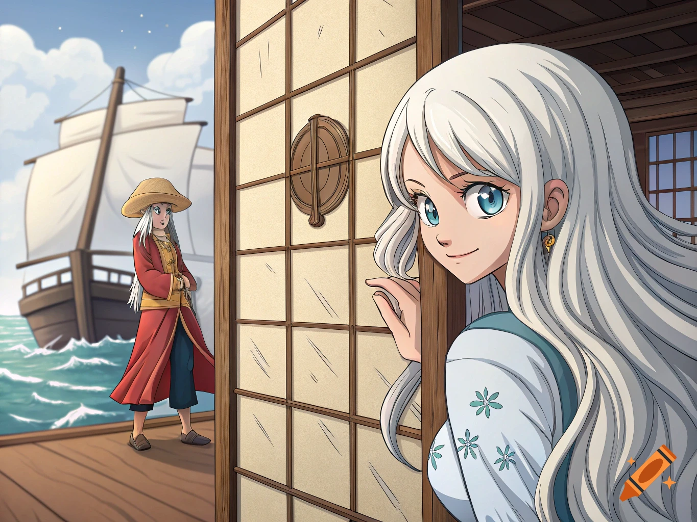 Anime style scene of two characters on a ship deck; one peeking from behind a screen, another standing near a large boat.