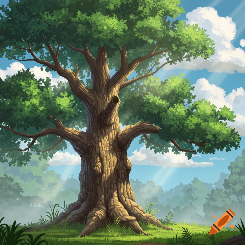 Large tree in a sunlit forest clearing