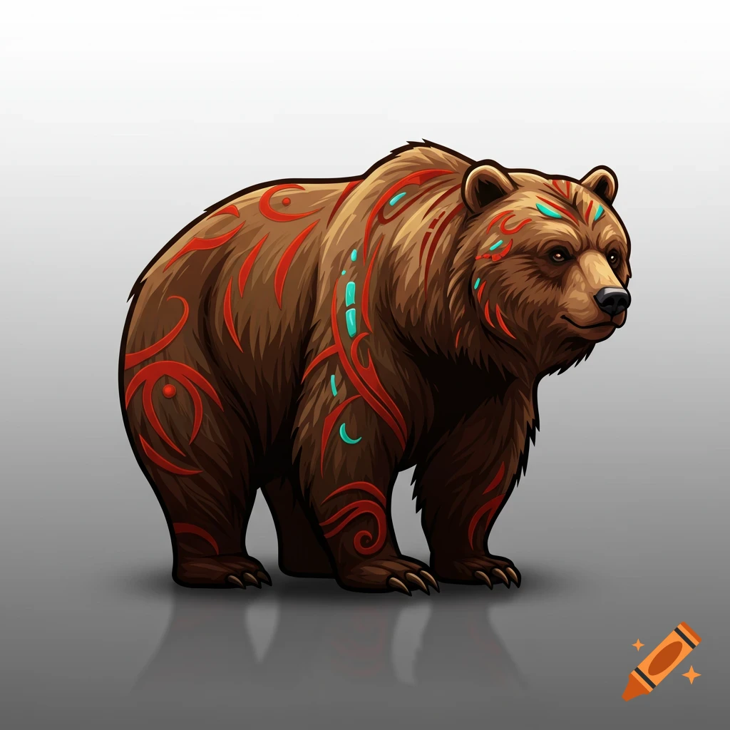 Stylized illustration of a brown bear covered in red and blue tribal markings, standing on a gray background.