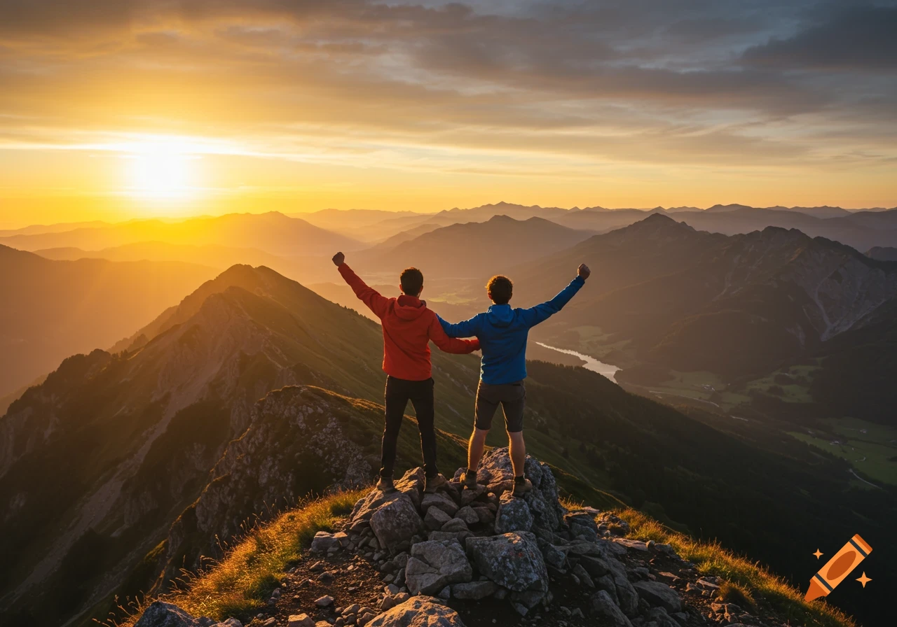 Two men raise arms in celebration on a mountain peak at sunrise, overlooking a vast scenic valley.