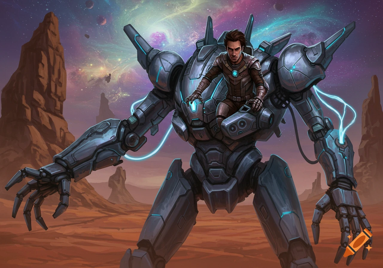A man rides a large mech in a desert landscape under a vibrant galaxy sky.