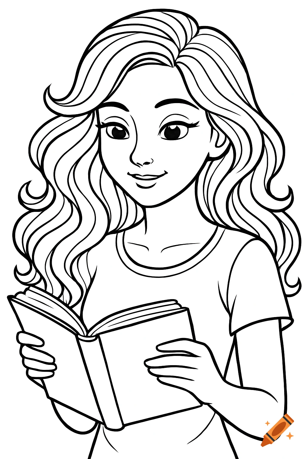 Outline drawing of a cute girl reading a book.