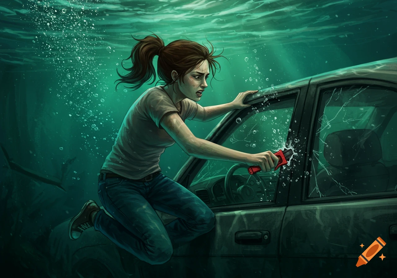 Illustration of a woman using a tool to break a car window underwater