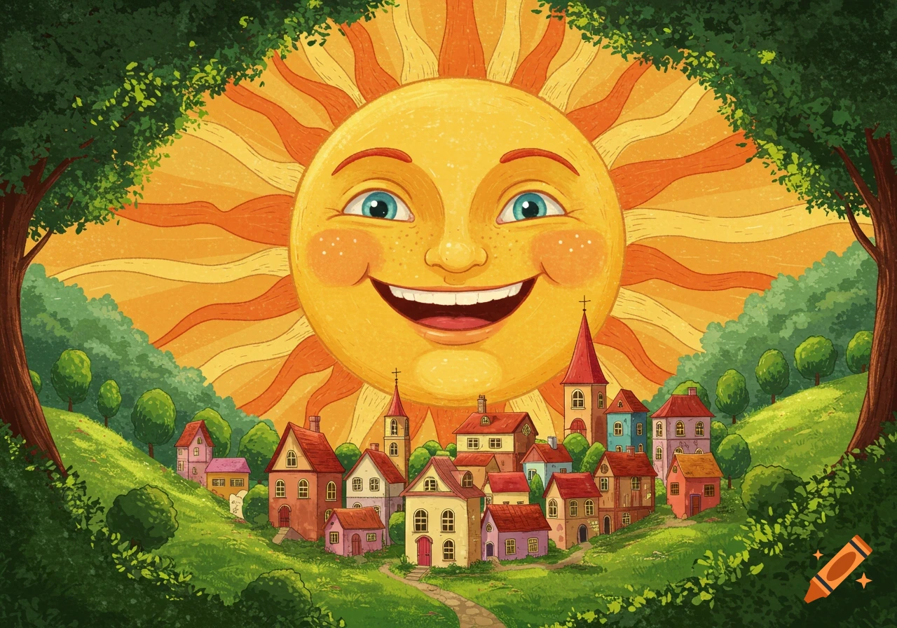 Cartoon-style smiling sun over a colorful village nestled in a green valley, framed by trees.