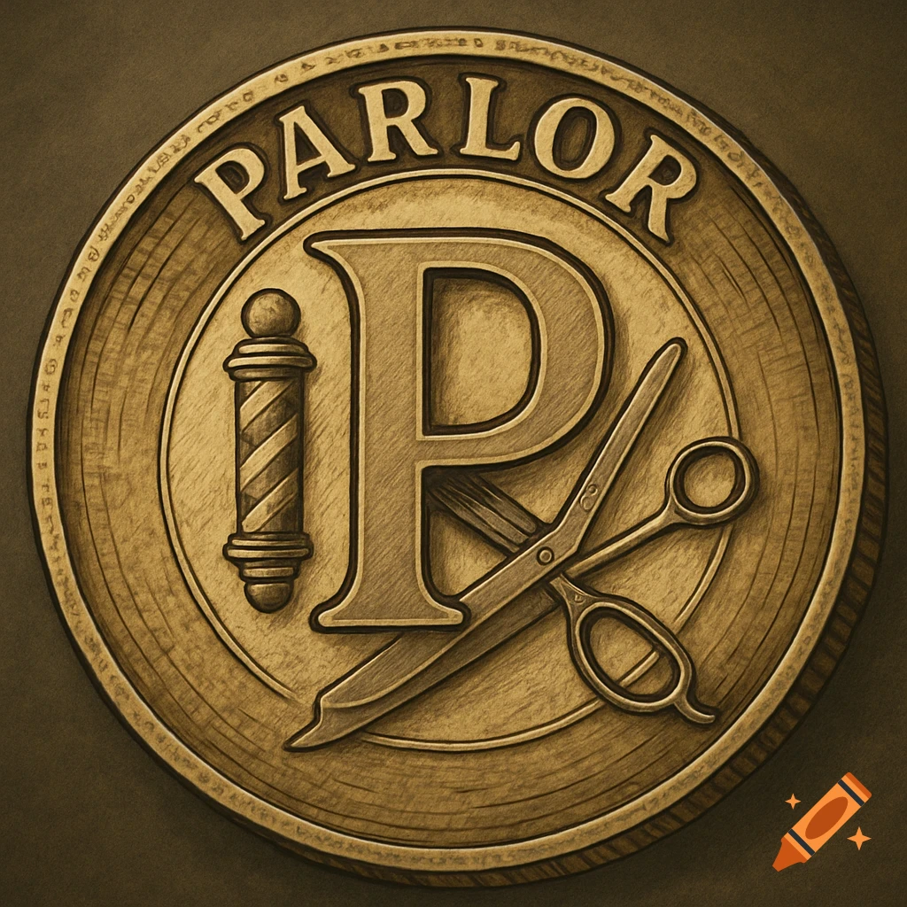 Metallic coin design for a parlor with 'PARLOR', a 'P', barber pole, and scissors.