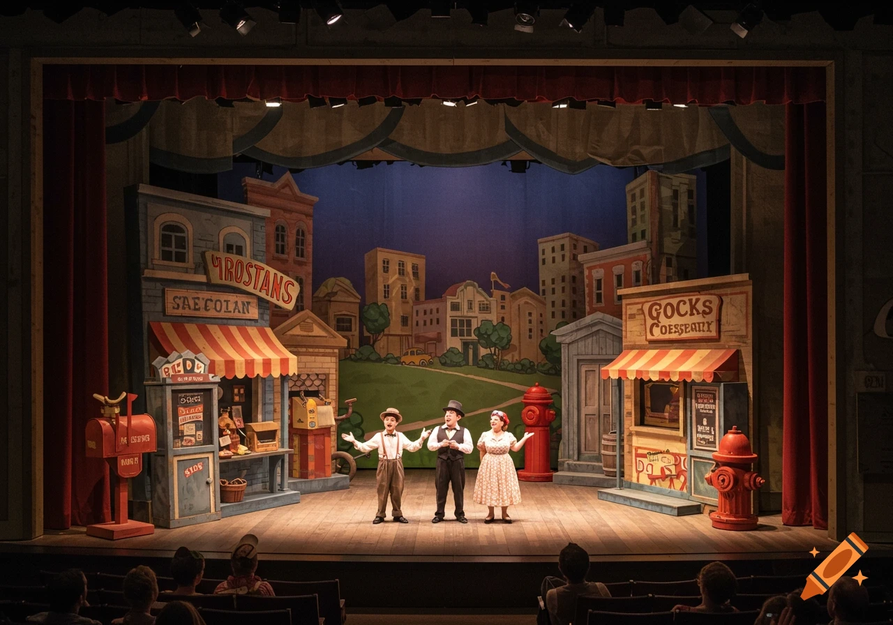 A theatre stage with a cartoonish small-town backdrop and three performers in vintage clothing.
