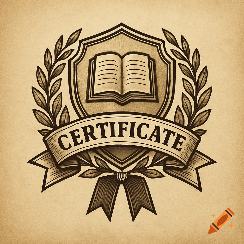 Sketch illustration of an emblem with a shield, open book, laurel leaves, and a ribbon across the bottom reading "CERTIFICATE".