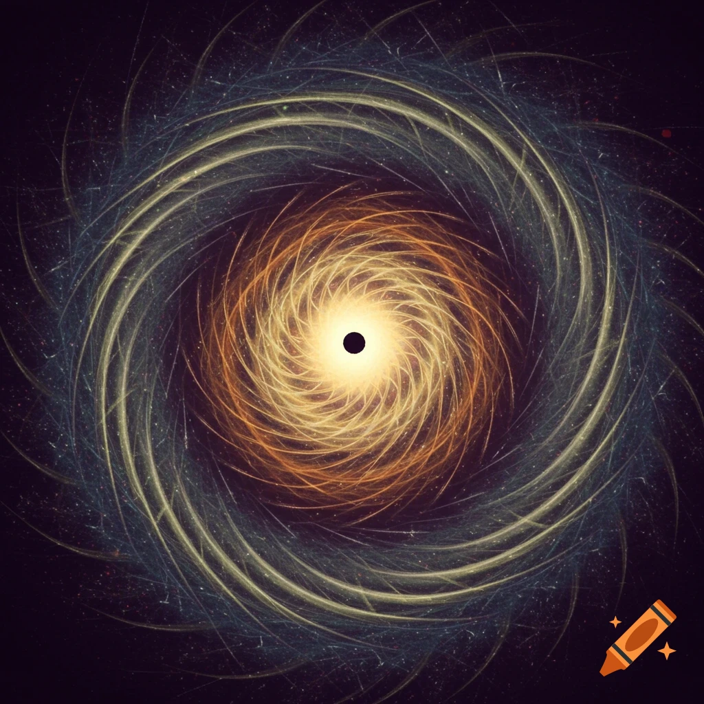 Abstract fractal spiral with a bright center and dark background.