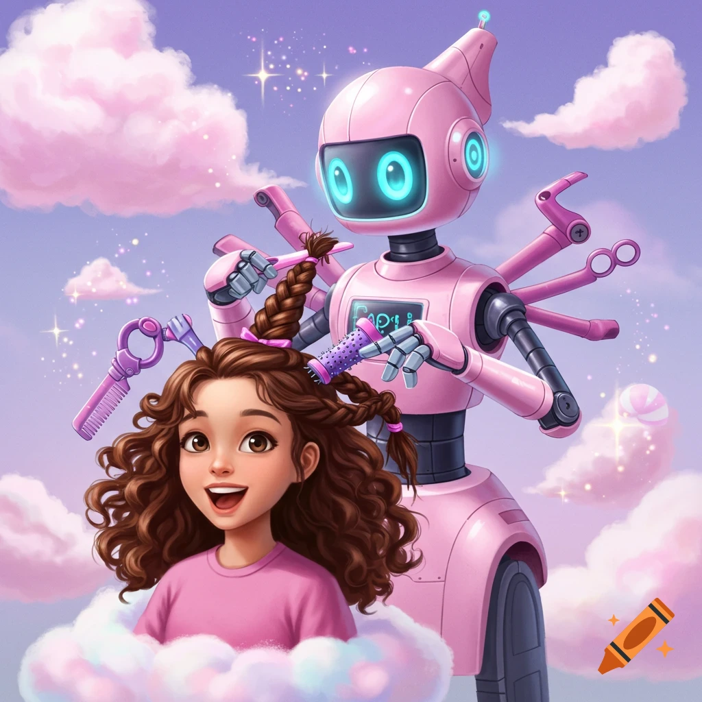 Pink robot braids a girl's hair on pink clouds, whimsical illustration.