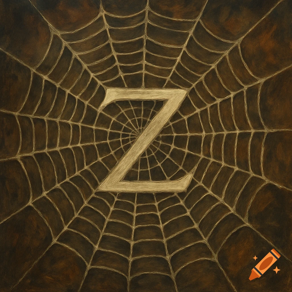 A large golden letter Z sits in the center of a brown textured spiderweb illustration.