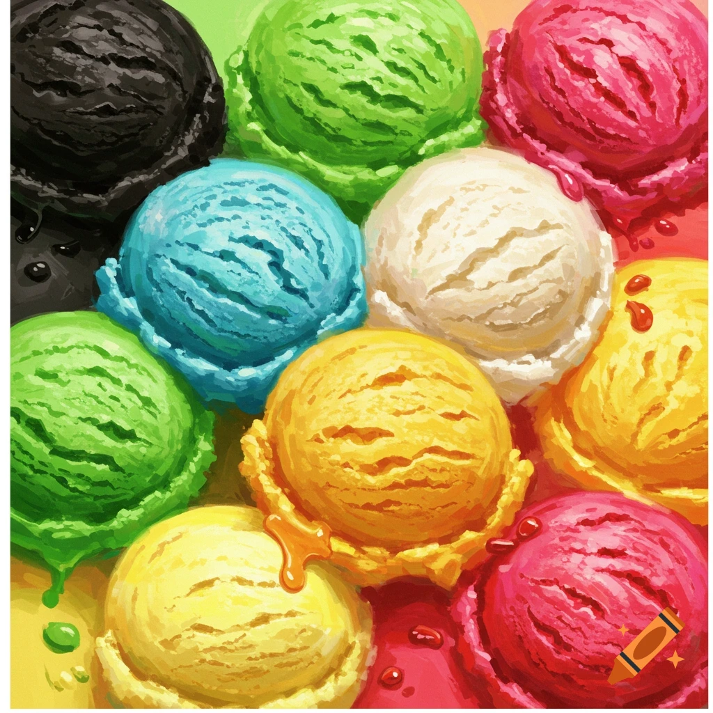 Close-up of colorful scoops of ice cream in a painterly style.