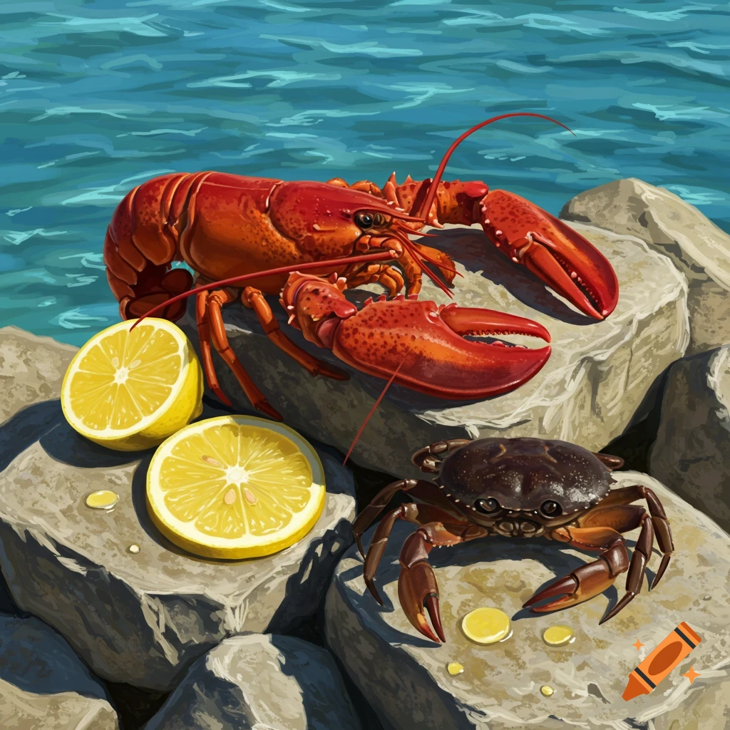 A red lobster and a brown crab sit on rocks next to sliced lemons by the water in an illustration.