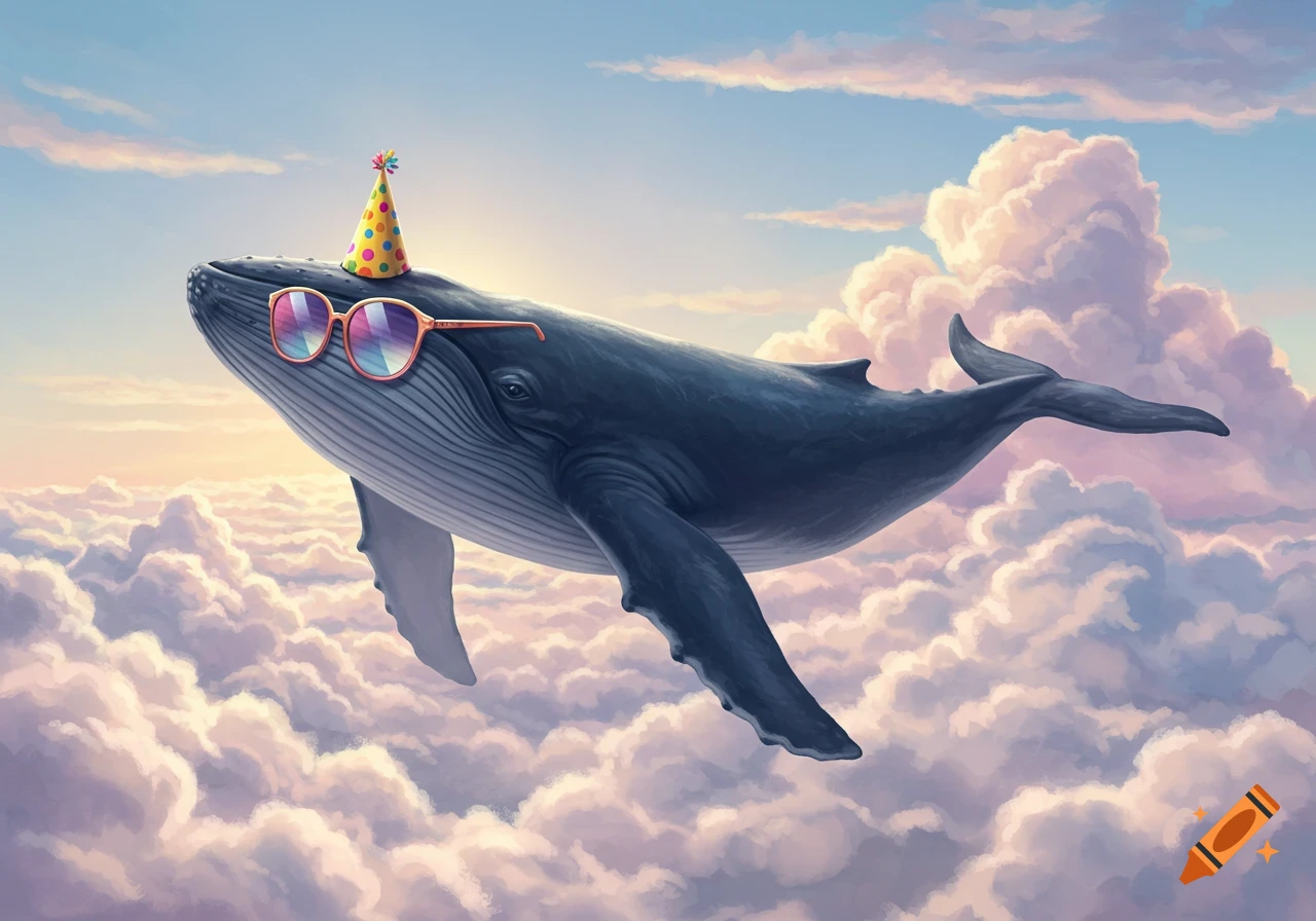 A cartoon-style whale flies through pink and purple clouds, wearing sunglasses and a party hat.